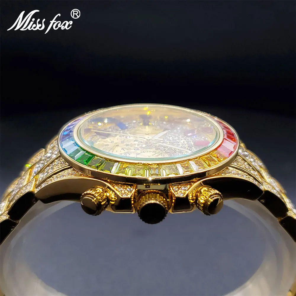 Men Luxury Watch With Rainbow Diamond Glittery Iced Quartz Watches For Man Hip Hop Auto Stylish Calendar Hand Clock High Quality