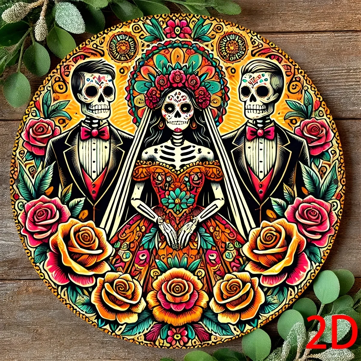 علامة خشبية دائرية مسطحة ثنائية الأبعاد: هيكل عظمي يوم الموتى للعروس والعريس، قلادة خشبية قديمة، ديكور يوم الموتى