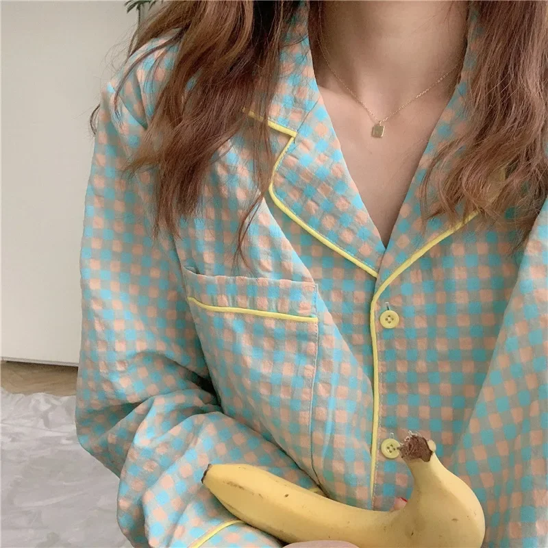 

2025 Spring New Korean Style Pajamas for Women Sweet Lovely Plaid Sleepwear Long Sleeved Pijama 2 Piece Set 잠옷 여름