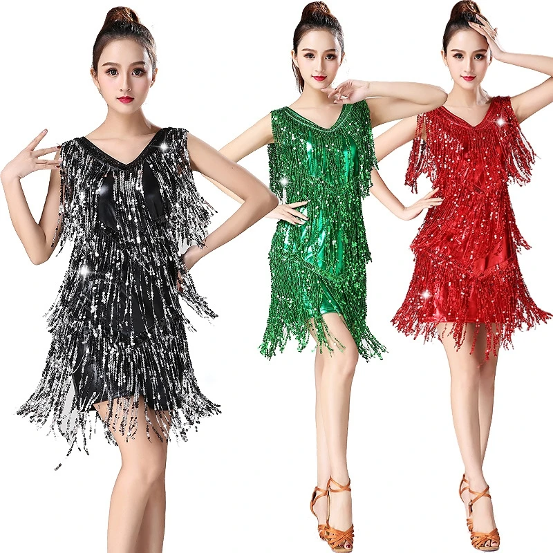 Nieuwe Dames Latin Dance Dress Mouwloze Pailletten Sparkle Bodycon Latin Dancewear 360 Graden Surround Glitter Kwast Jurk