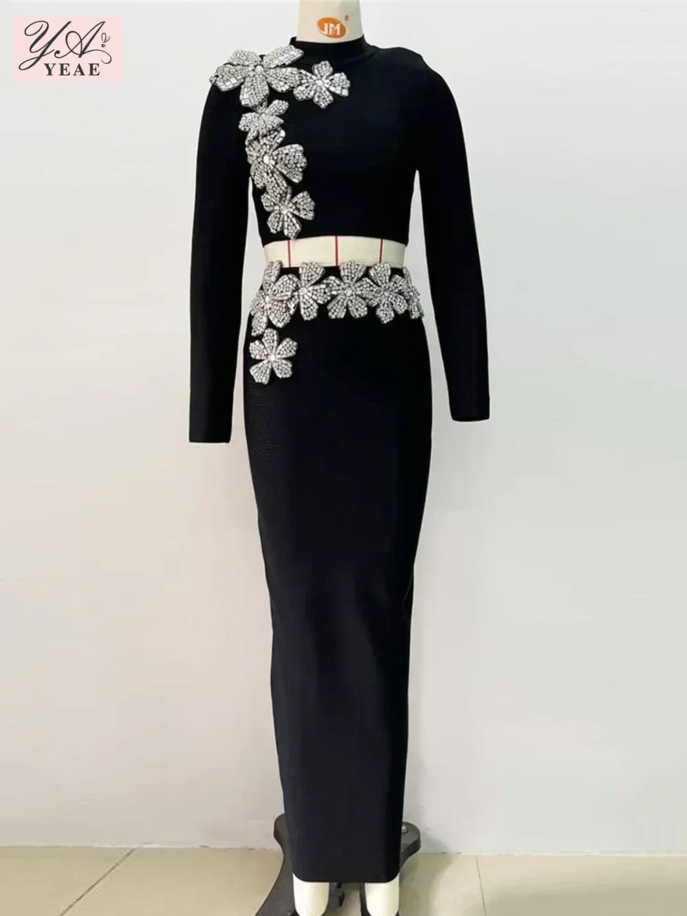 Sexy Long Sleeves Bandage 2-Piece Sets Women Turtleneck Shiny Diamonds Flower Top + Long Skirts Suits Evening Party Set