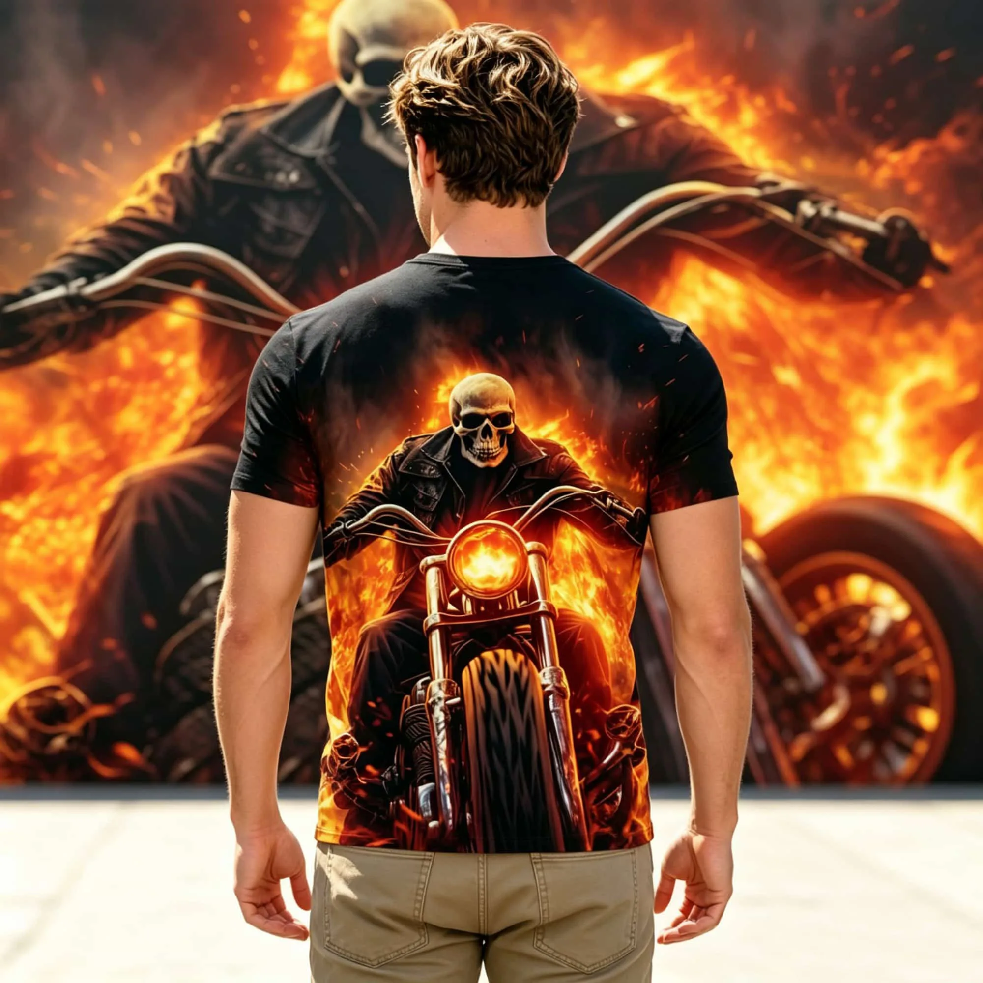 Biker Style Men Casual Short Sleeve T‑Shirt Burning Flame Skull Riding Motorcycle Art Print,  Rock Punk Daily Street Fashion Top
