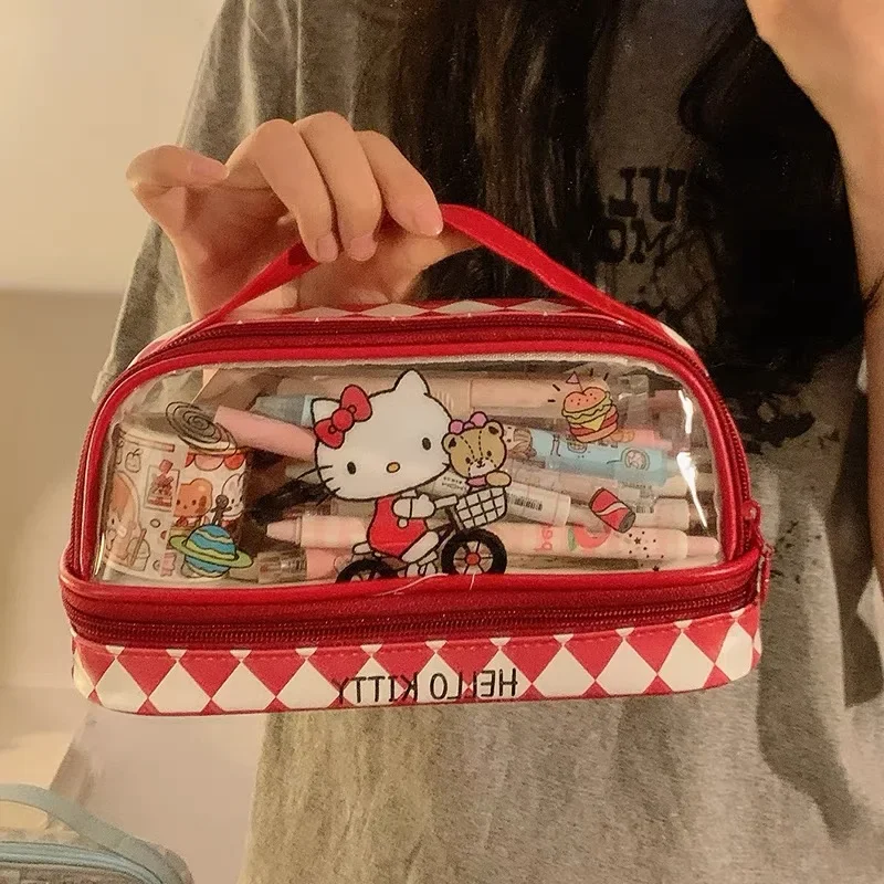 2024Sanrio Cartoon Hello Kitty Pencil Case Cute Kuromi Large Capacity Double Layer Multifuntion Portable Pen Bag Kids Gift