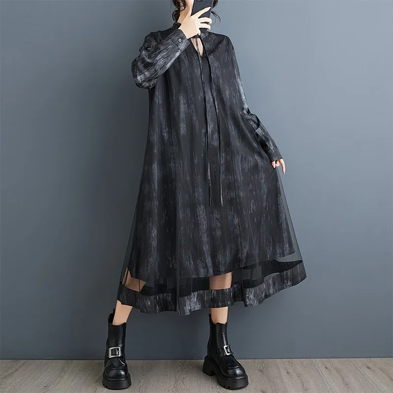 Solto casual e elegante tinta impressa malha dupla camada grande balanço vestido com estilo socialite decote em v rendas até saia longa