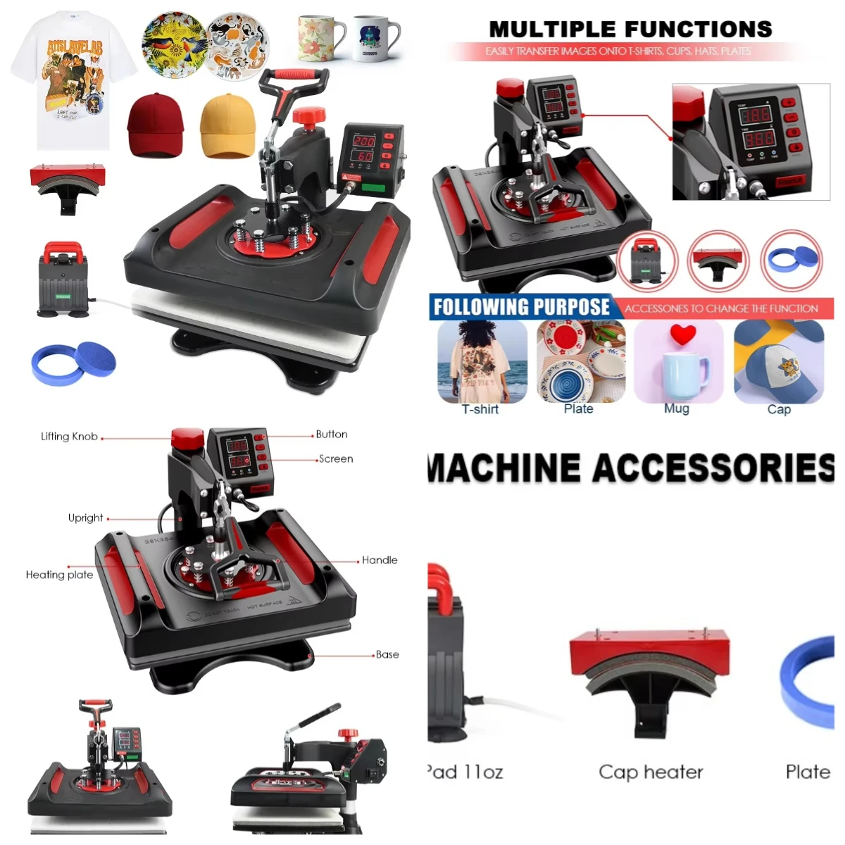 

WJW Multifunctional Heat Press Machine 5 in 1 T-shirt Printing Machine Hat/cap Heat Press Machines for T-shirt Mug Plate