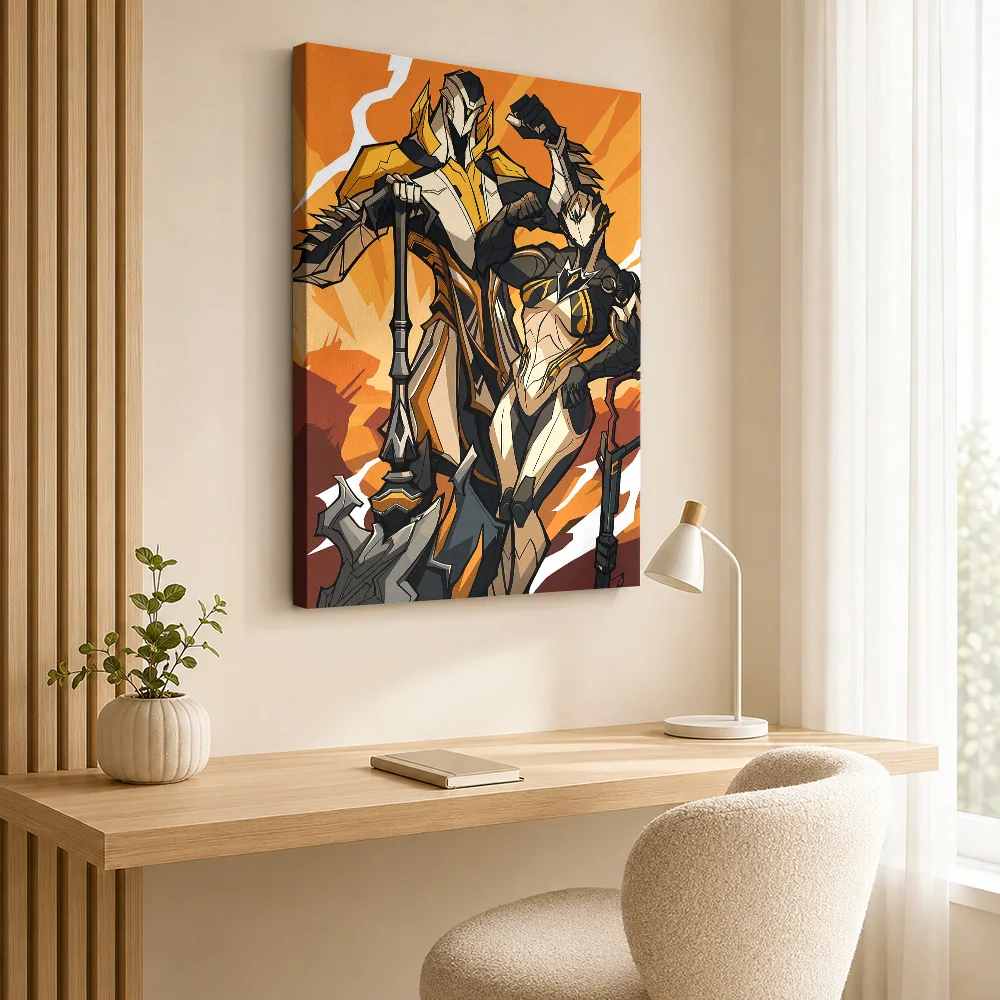 Warframe Warriors With Weapons Framed Canvas Print Personalized Photo Angular Color Blocks Wall Art For Bedroom Gaming Fan Gift