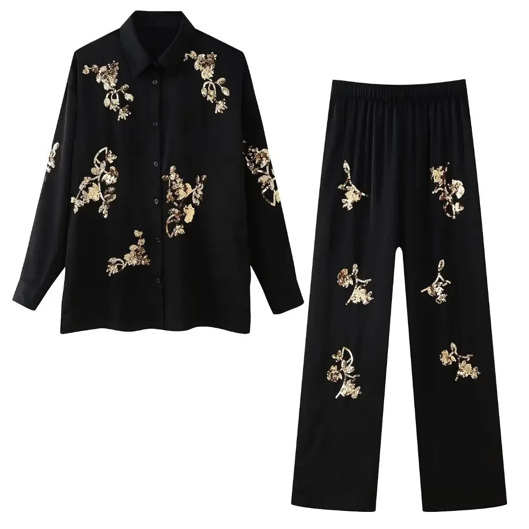 Fashion Casual Sequinned Shirt Suit Loungewear Women Outfit Chic Lapel Long Sleeves Top Elastic Waist Pants Pajamas Set Homewear