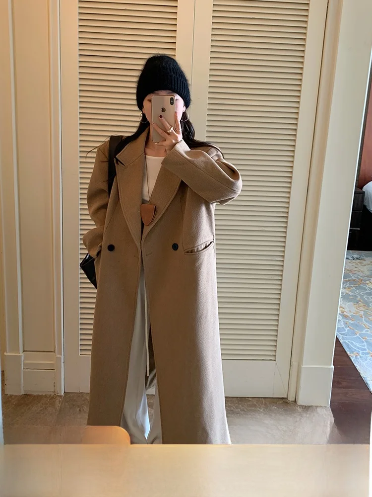 

Khaki Camel Woolen Coat Loose All-Match Knee-Length Wide oulder ELA UII Brand Polyester Fiber 70% Viscose 20% Wool 0%