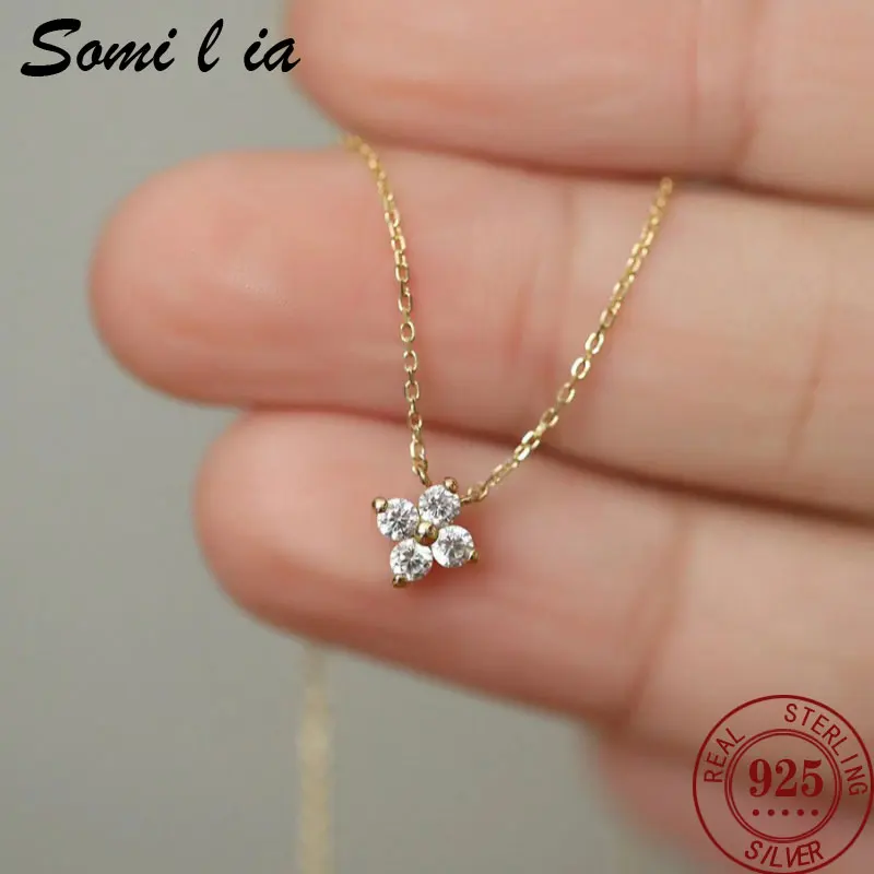 Somilia 925 Sterling Silver Super Flash Four 5A Zircon Necklace for Women Simple INS Gold Silver color Clavicle Chain Jewelry