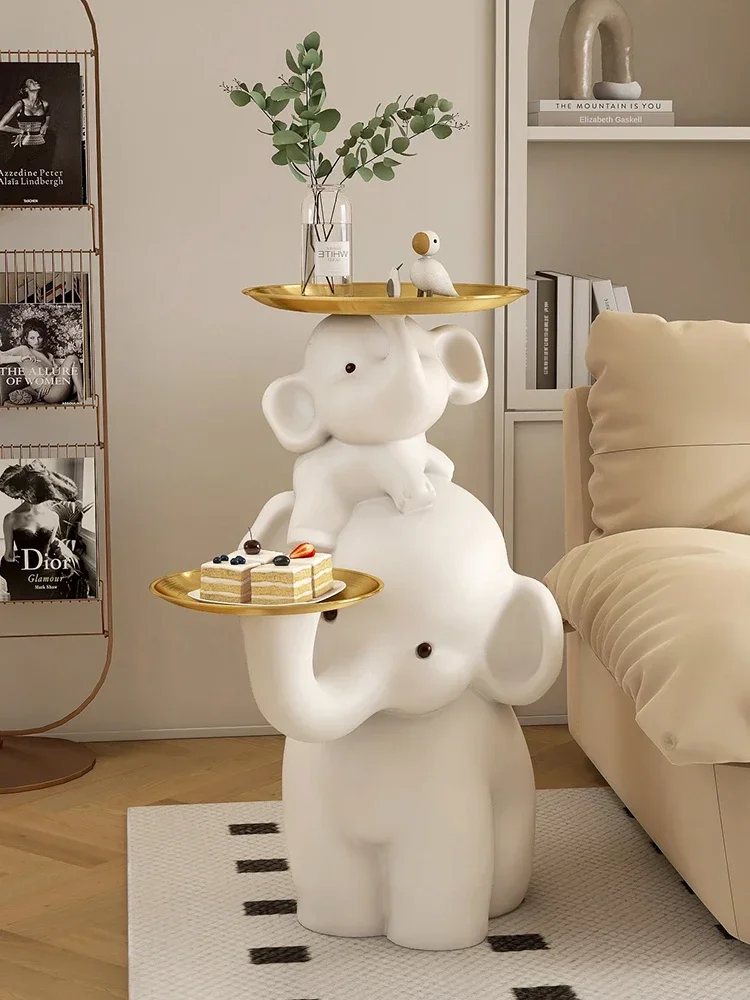 Home Decor Elephant Sculpture Family Resin Figurines Table Decor for Living Room Bedside End Table with Tray Top for Coffee