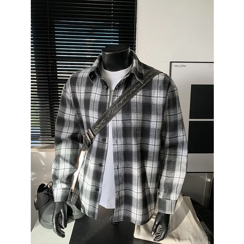 

Retro American Black White Plaid Long Sleeve Loose Men's Shirt Casual Style Spring Base Layer Top Spring Summer Autumn