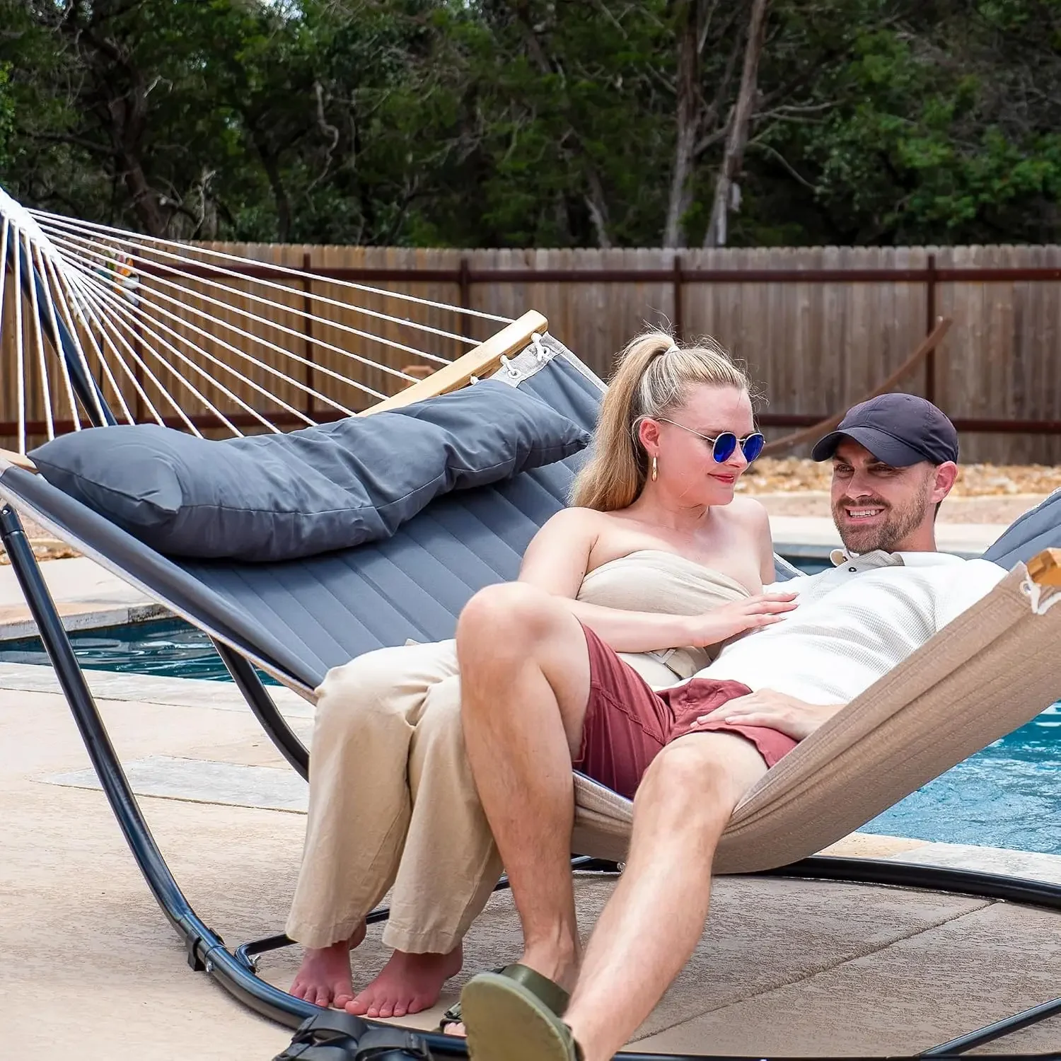 Double Hammock with Curved Spreader Bar, Hammock with Stand Included 2 Person, Patent Pending, Dark Gray