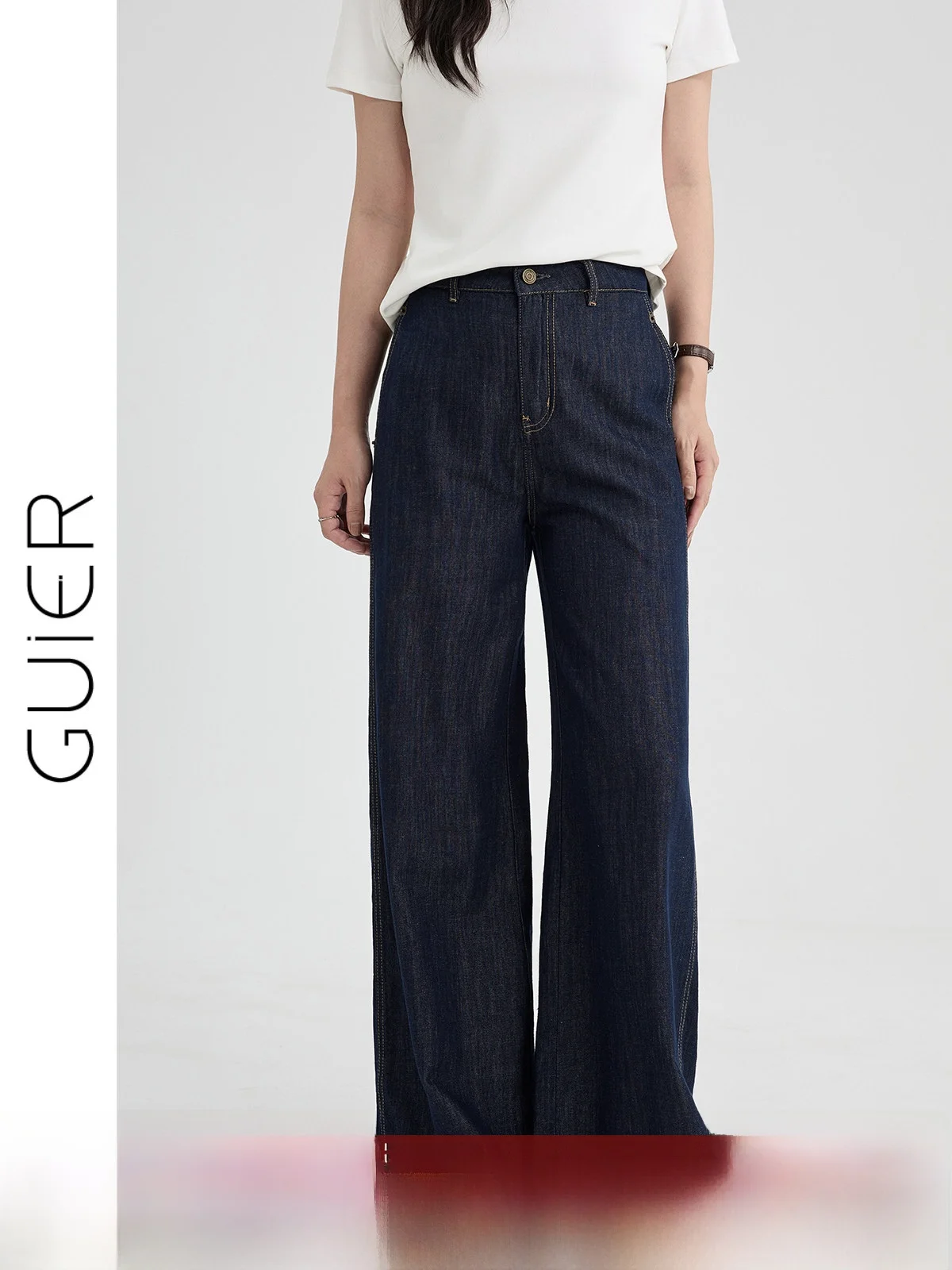 

High Waist Wide Leg Denim Jeans Women's Summer Loose Slimming Straight Cut Pants Guier Brand Decorative Stitching Pure Color