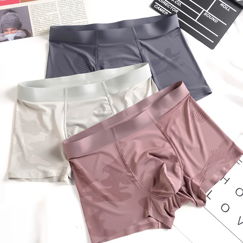 3 Pcs/Pack New Solid Color Ics Silk Mens Underwear Boxers Summer Breathable Underpants Panties Boxer Trunks Gay Sexy Wear
