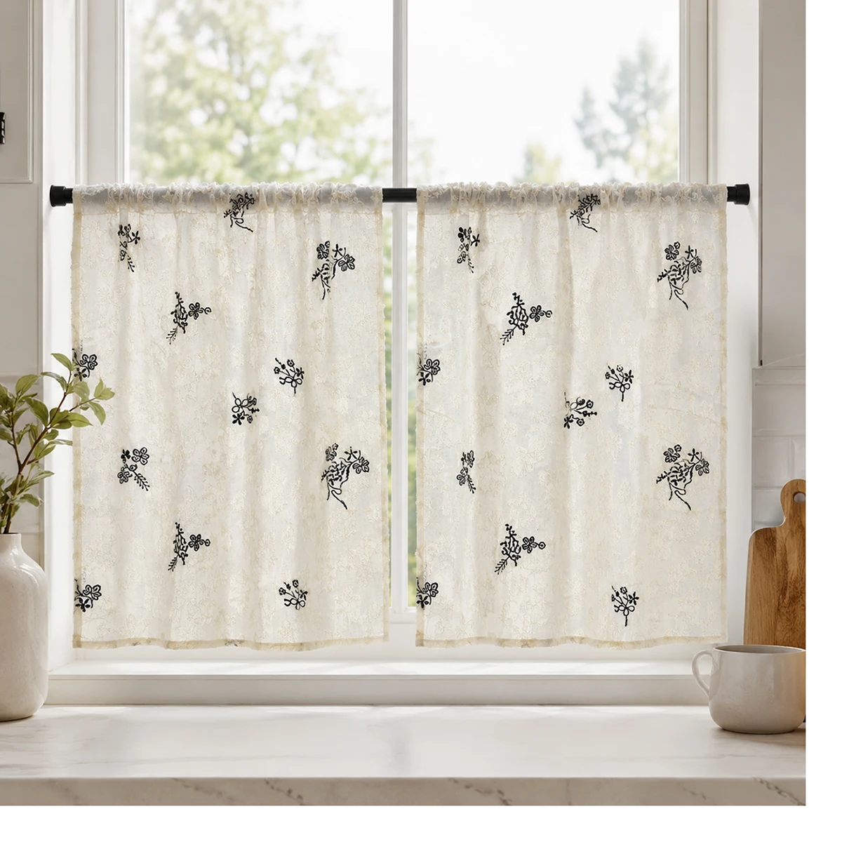 1 Piece, Off-White, Fresh and Modern Style, Small Chrysanthemum Embroidery Cut-Out Curtain, Rod-Top Style, Lightweight and Translucent, Soft Light-Filtering, Exquisite Small Chrysanthemum Embroidery Cut-Out Craftsmanship, Smooth Drape, 100% Polyester Fabric, Washable, Bohemian Style Soft Decor, Suitable for Bedroom, Living Room, Bay Window, Homestay, Girls' Dormitory, Does Not Include Installation Accessories and Tie-Backs