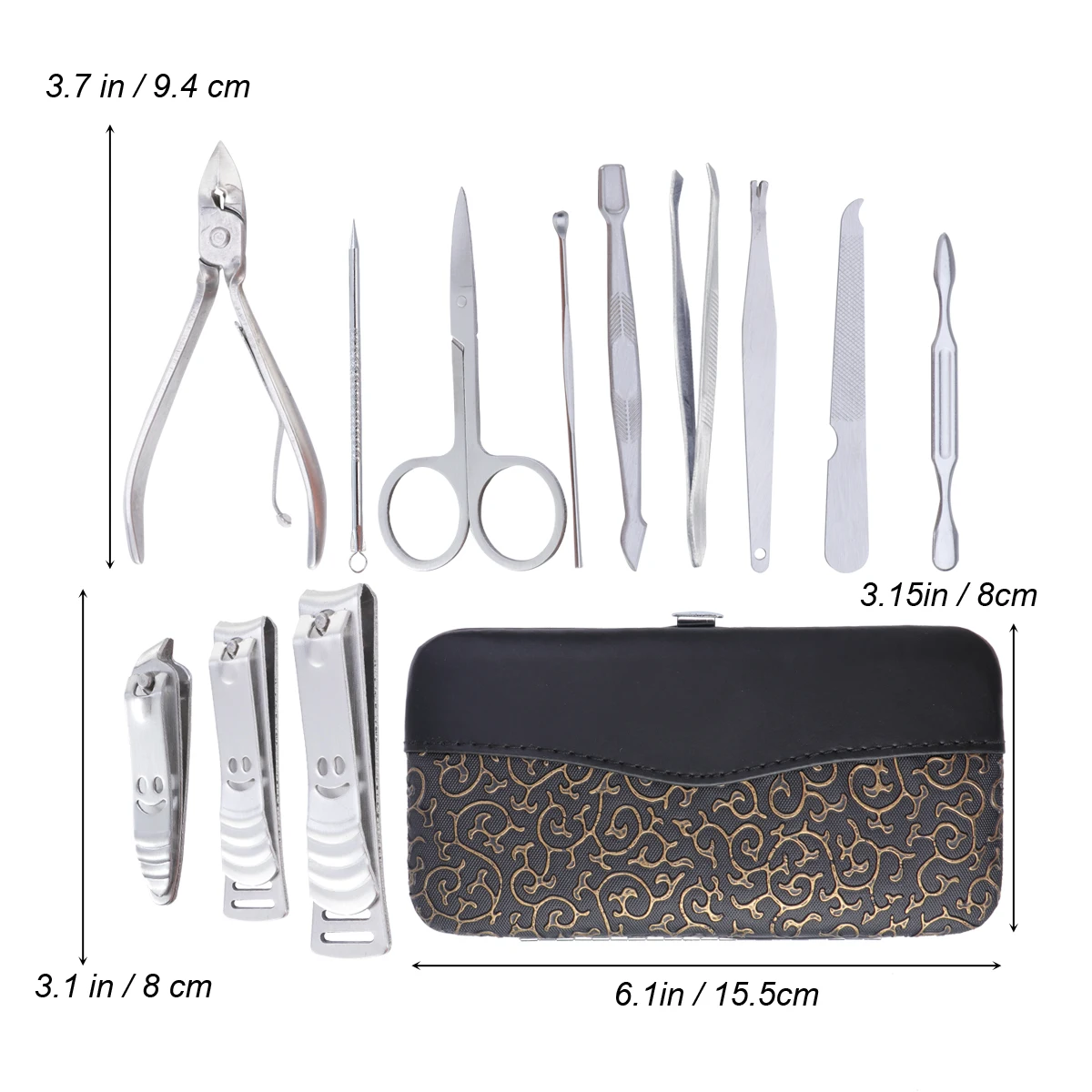12 pezzi set per la cura delle unghie manicure pedicure kit per toelettatura strumenti in acciaio inossidabile argento marrone custodia da viaggio in PU spingi cuticole clipper
