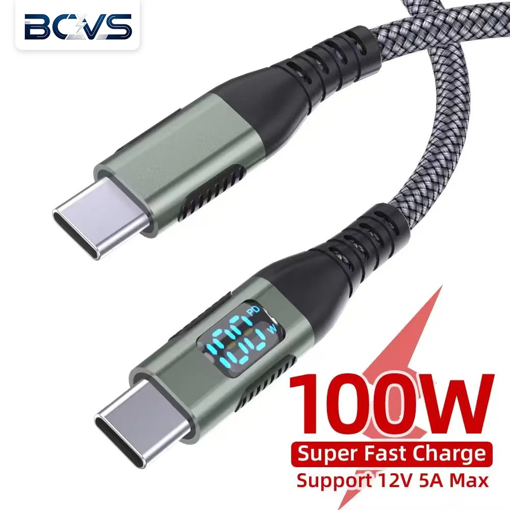 BCVS USB-C to USB-C 케이블, 100W 고속 충전, 디지털 디스플레이, 나일론 꼬임 방식, PD 100W, iPhone 및 Samsung Galaxy용 데이터 케이블