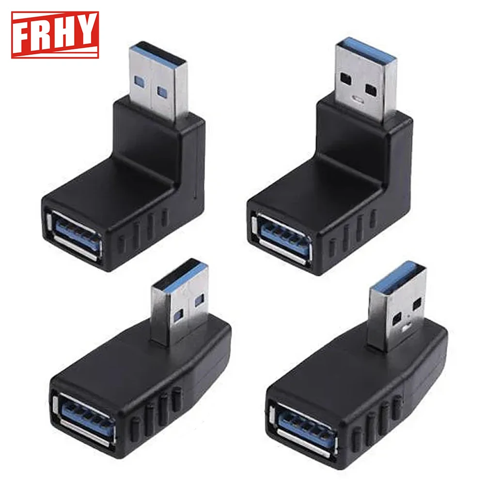 90° 4-Way USB 3.0 Adapter - Type A Male to Female Converter with Vertical/Horizontal Angled Design - Black