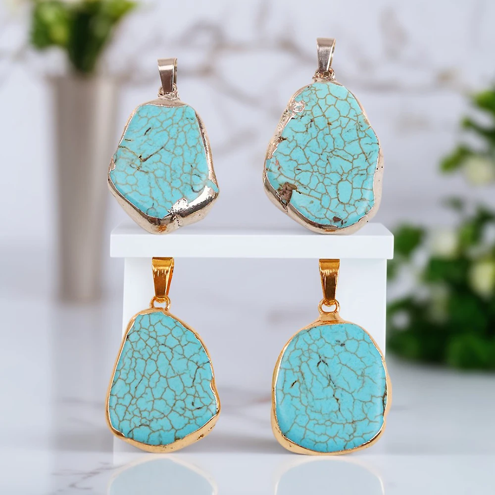 Blue Turquoise Stone Irregular Pendants for Jewelry Accessories Golden Color Silvery Edge Charms for Jewelry Making DIY Necklace