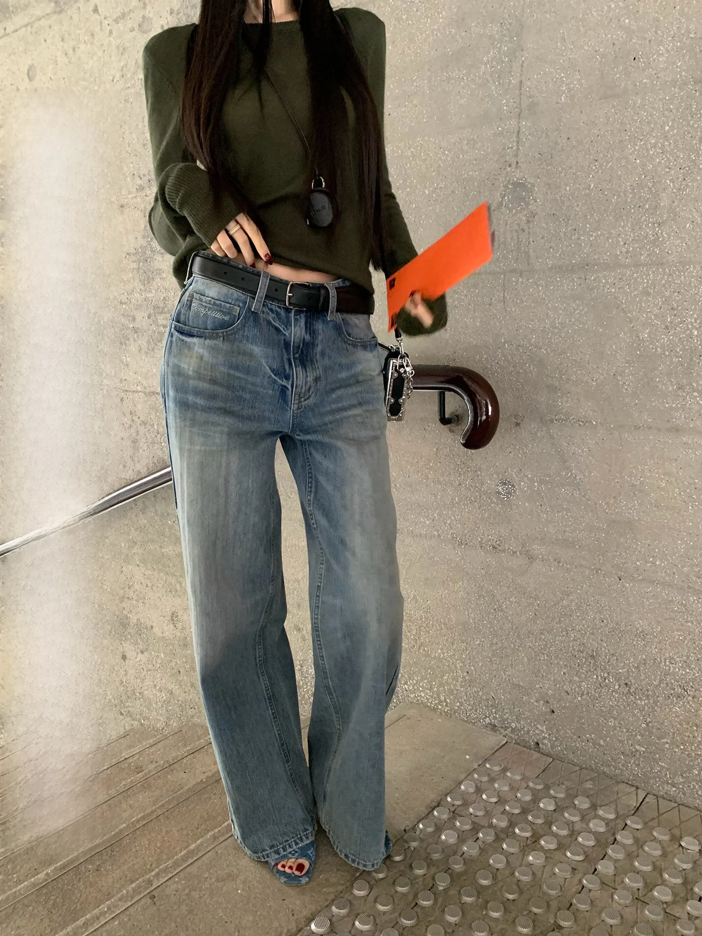 

Fbblimit Gratitude Jeans Deconstructed Design Heavyweight Washed Embroidery Straight Leg Wide Leg Denim Casual Cotton Blend