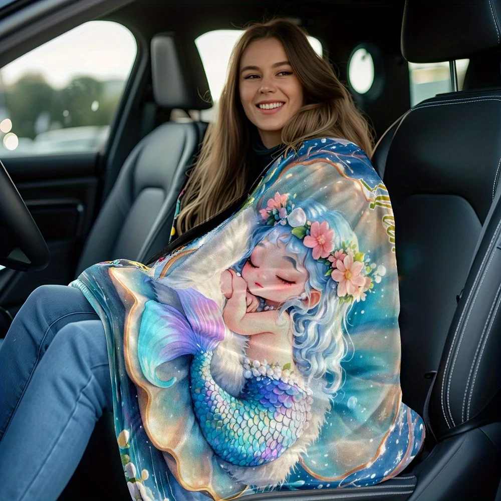 Custom Name Mermaid Sleeping on Shell Blanket Soft Warm All Season Couch Sofa Bed Throw Office Travel Gift