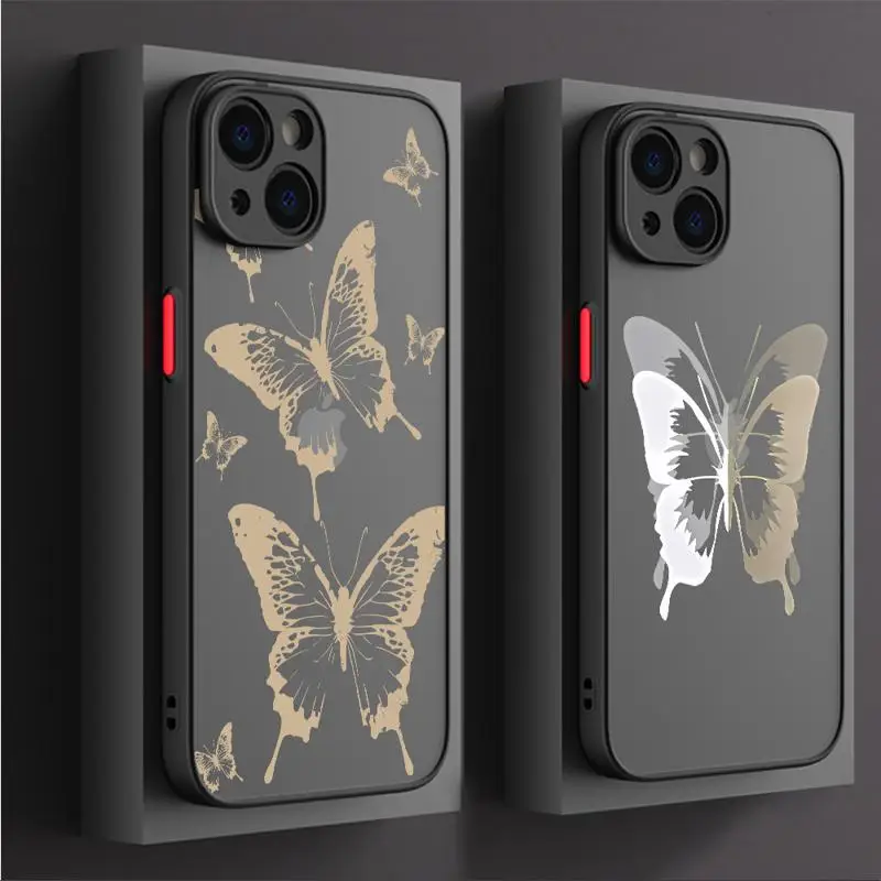 Butterfly Printed Case for Apple iPhone 15 11 14 13 12 Pro 7 XR X XS Max 8 Plus 6 6S SE 2022 15Pro Black Matte Phone Funda