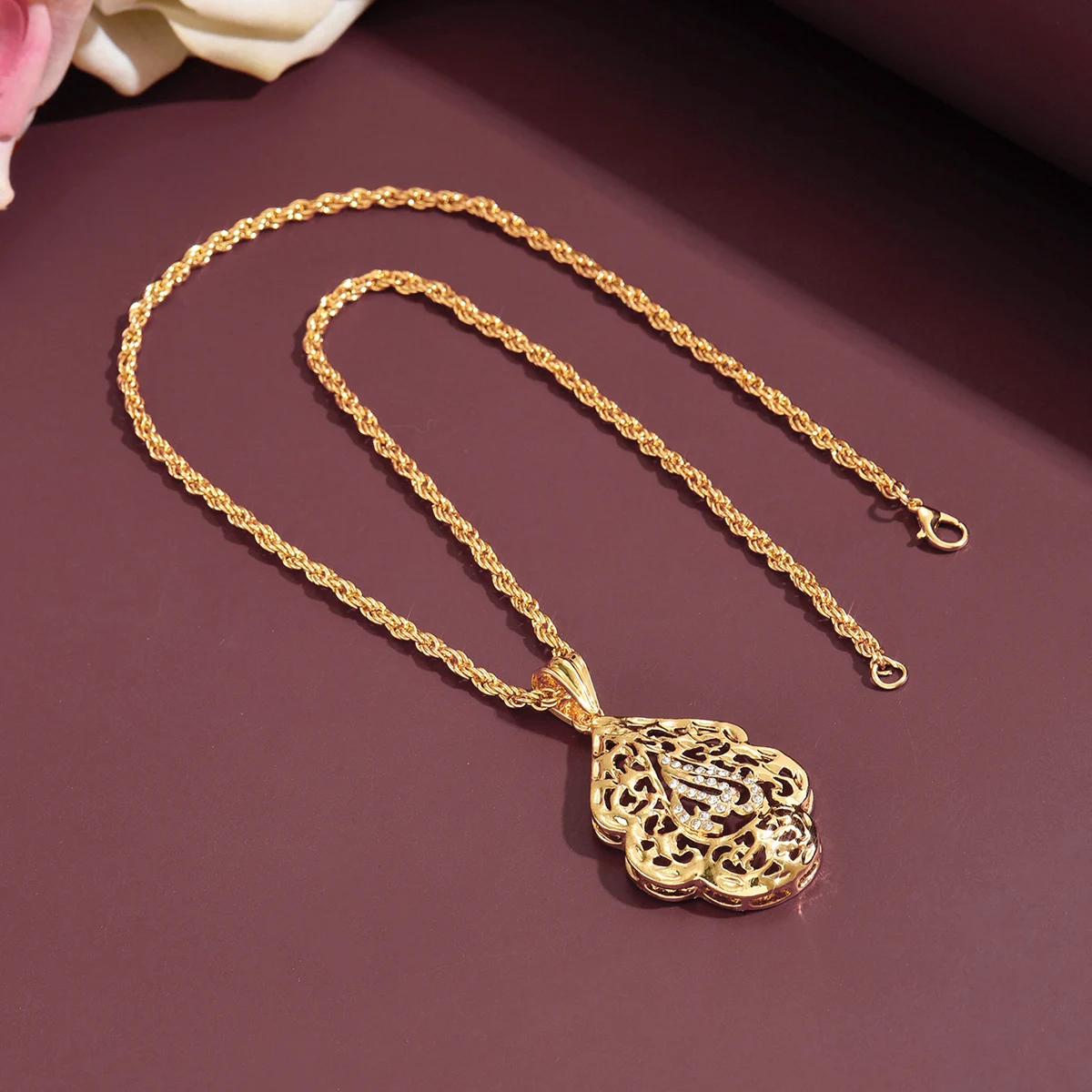 Store Water Drop Shape Allah Pendant Necklace Slid Chain Gold Plated Women Jewelry Moroccan