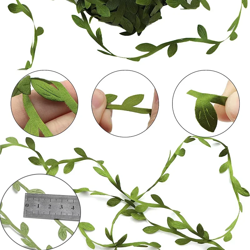 10M/Roll Artificial Silk Leaf Ribbons Olive Green Leaves Trim Ribbon Gold Silver Leaf Ribbon for DIY Craft Wreath Wedding Decor