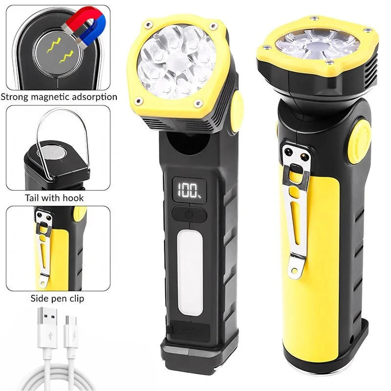 Portable Dual Light Source LED Flashlight Work Light USB Charging Tail Magnet 90 ° Rotating for Outdoor and Emergency Situations