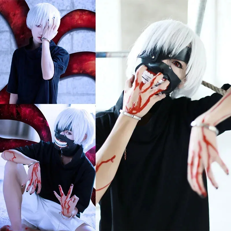 CyAnime Tokyo Ghoul Kaneki Ken 코스프레 마스크 의상 셔츠 짧은 탑 남성 여성 할로윈 파티 복장