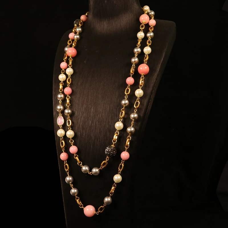 Pink Stone Gray Pearls Long Pendant Trendy Statement Necklace