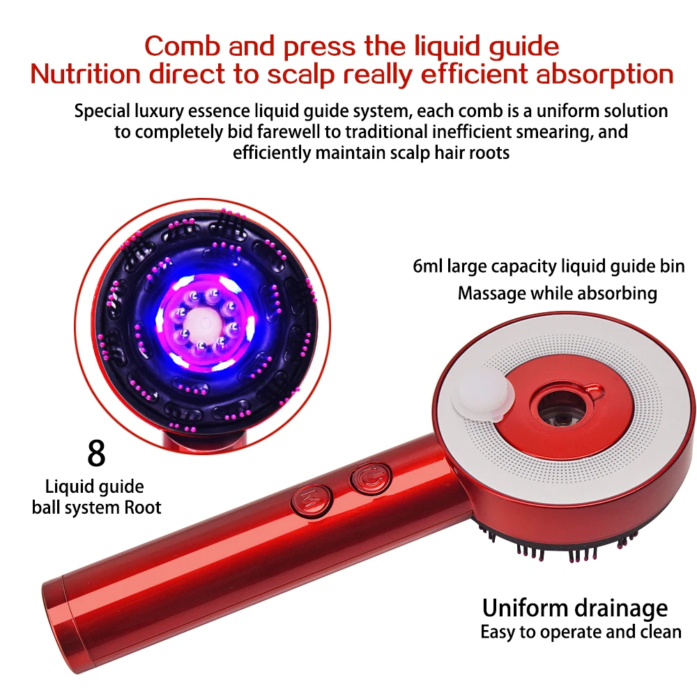 مدلك فروة الرأس باللون الأحمر الفاتح، أداة توزيع زيت الشعر المحمولة، مشط تدليك فروة الرأس الكهربائي