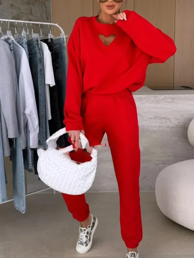 Feminino o pescoço manga comprida moletom e calças 2 peça conjunto simples casual outono terno esportivo novo 2025 solto roupa de fitness