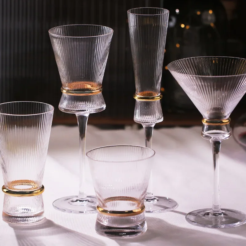 pattern gold waist line goblet champagne glass cocktail glass vertical pattern water cup set electroplated gold wine set