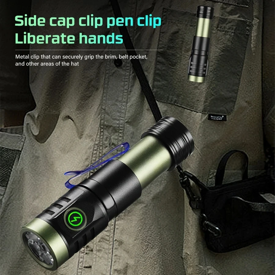Powerful 2000LM LED Flashlight Super Bright Portable Type-C Rechargeable Mini Tactical Flashlight with Tail Magnet Camping Lamp