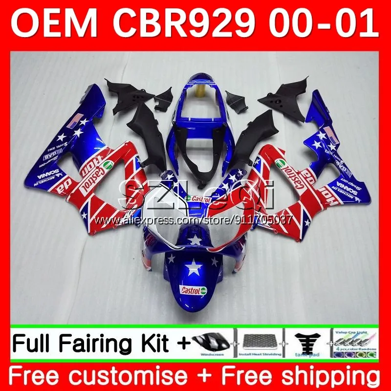 Blue Red Injection Body For HONDA CBR 929RR 900 929 RR CC 47No.0 CBR929RR 900RR CBR929 RR 00 01 CBR900RR 2000 2001 Fairing