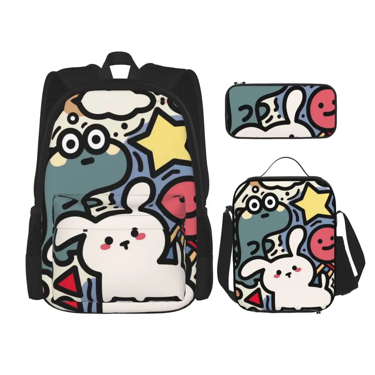 Cute Graffiti Cartoon Student backpack, crossbody dining bag, storage pen bag, 3 piece set