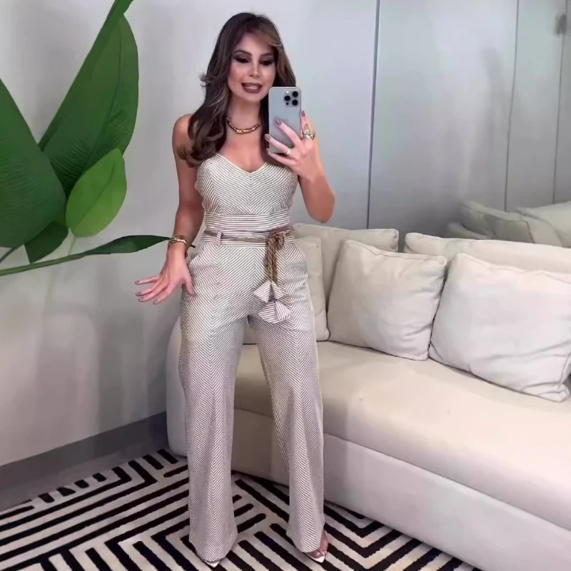 

Pant Sets Women Tank Sleeveless Striped Two Piece Set High Waist Pants Suit Pockets Crop Top Suspenders Casual Summer 2025