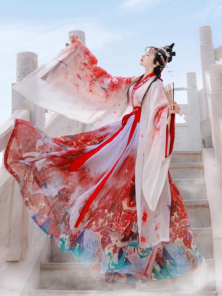 

Chinese Style Hanfu Red Purple White Cosplay Costumes Dresses For Woman Stage Wear Folk Dance Robe Cross-Ccollar Graduatio