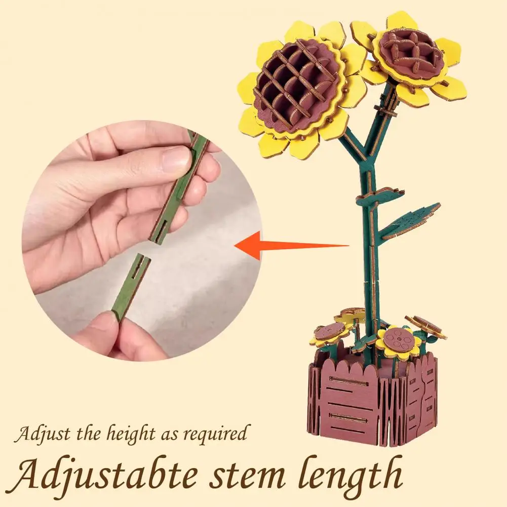 3D Wooden Flower Puzzle Kit DIY Botanical Bouquet Building Set Wood Sunflower/Rose Floral Craft Kit for Mother's Day Gifts