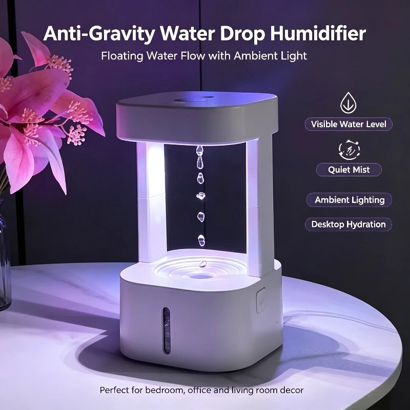 Anti-Gravity Water Drop Backflow Humidifier, LED Light Creative Desktop Ornament for Home Office
