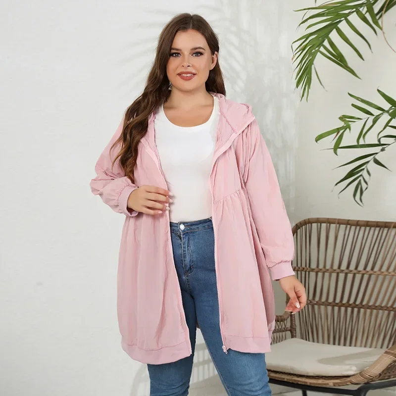 Plus Size solid color cardigan hooded windbreaker sun protection jacket  medium length loose and versatile jacket for women