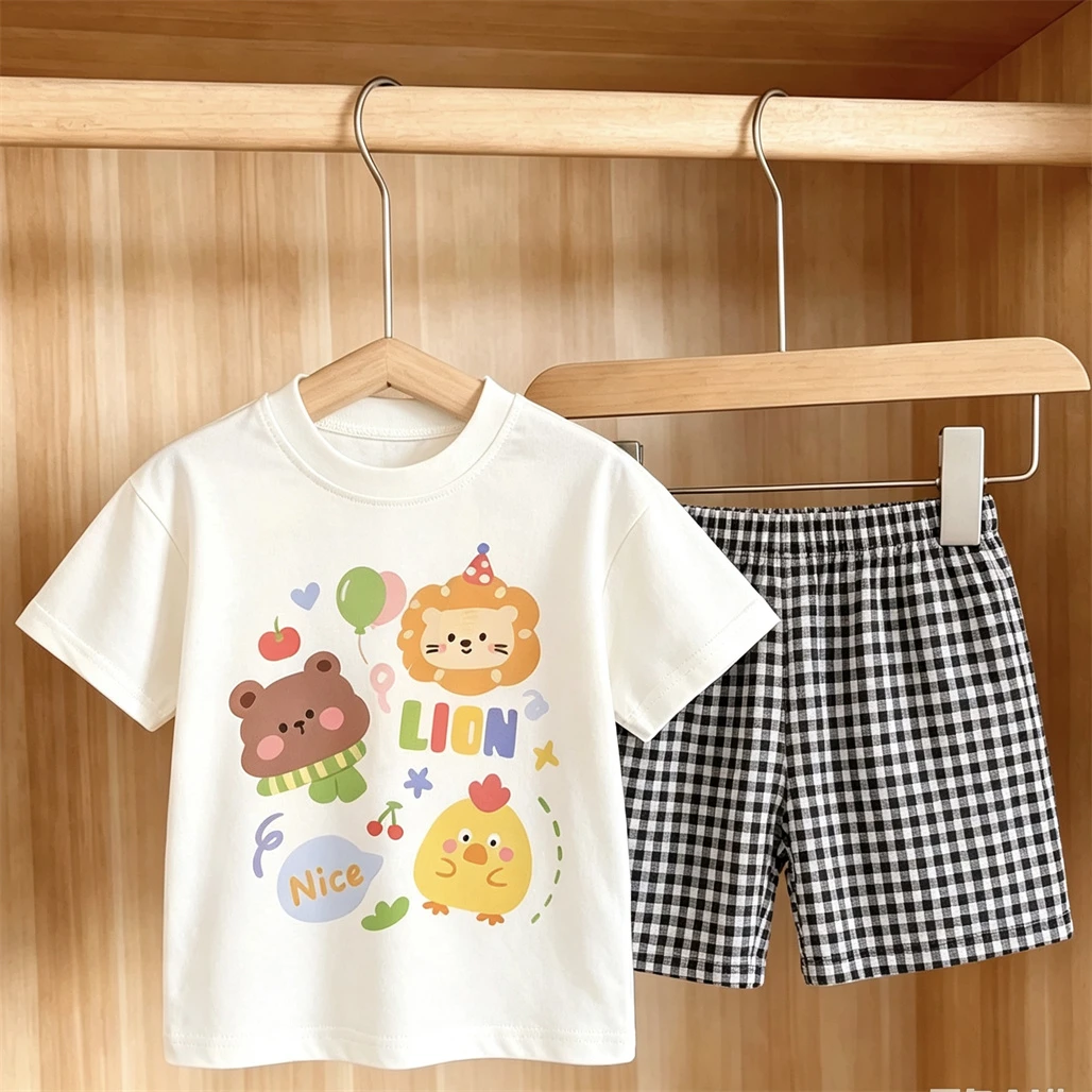 Girls Lovely TShirt Plaid Shorts Two Piece Set 2026 Summer New Printing Crewneck Tees Simple Versatile Shorts Toddler Fashion