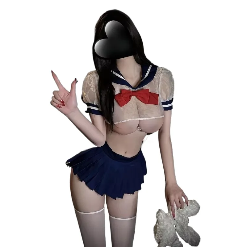 

Japanese Perspective Costumes Sexy Lingerie Sweet Cute Schoolgirl Uniform See Through Sleepwear Student Cosplay with Mini Skirt