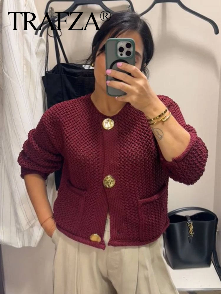 TRAFZA Women Hollow Out Chunky Knitted Cardigans 2024 Female Long Sleeve Metal Buttons Short Sweater Crop Top Knitwear Outerwear