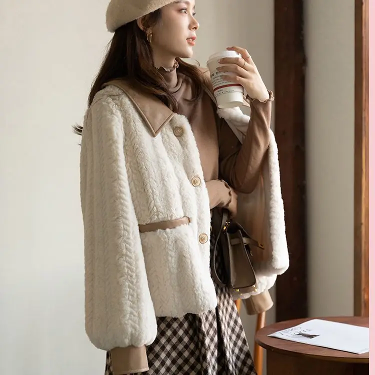 Corea moda piccola fragranza cappotto imitazione agnello pile addensare caldo monopetto cappotto donna colletto rovesciato cappotto di pelliccia sintetica