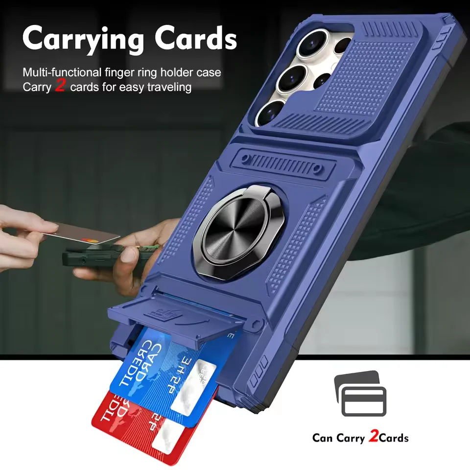 

2 Cards Slot Pocket Armor Metal Bracket Magnetic Stand Case For Samsung S25 Ultra S25 + Galaxy S24 FE S23 Hybrid Car Mount Cover