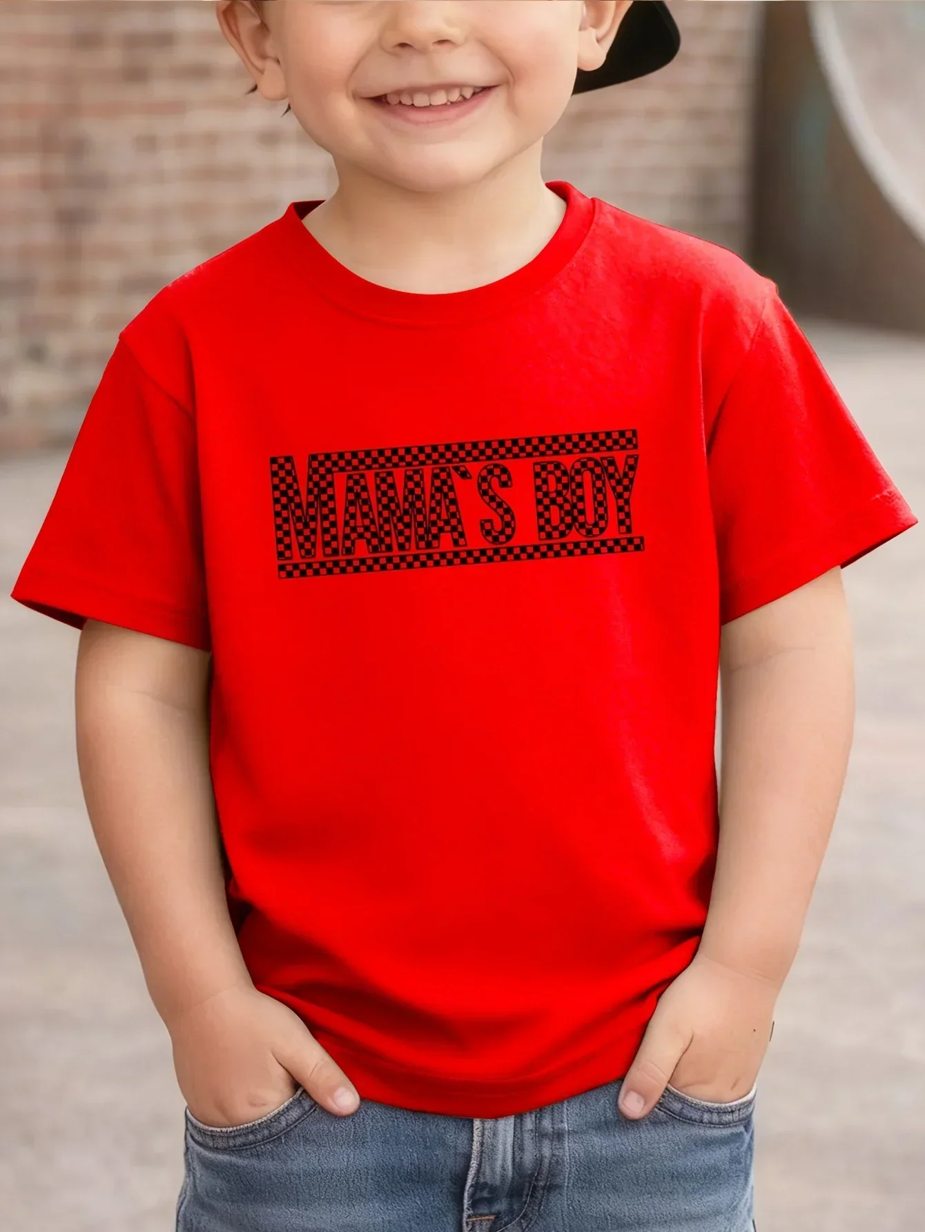 Boys Red Short Sleeve T Shirt Mamas Boy Checkerboard Letter Print Kids Family Theme Summer Casual Daily Top