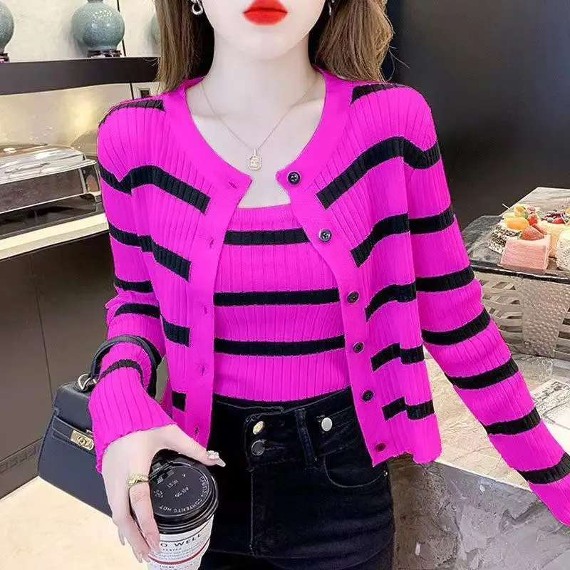 Spring Autumn Sweater Women\'s Fashion Korean Gentle Stripe Knitted Top Cardigan Coat With Suspender Two-Piece Set Femme Knitwear