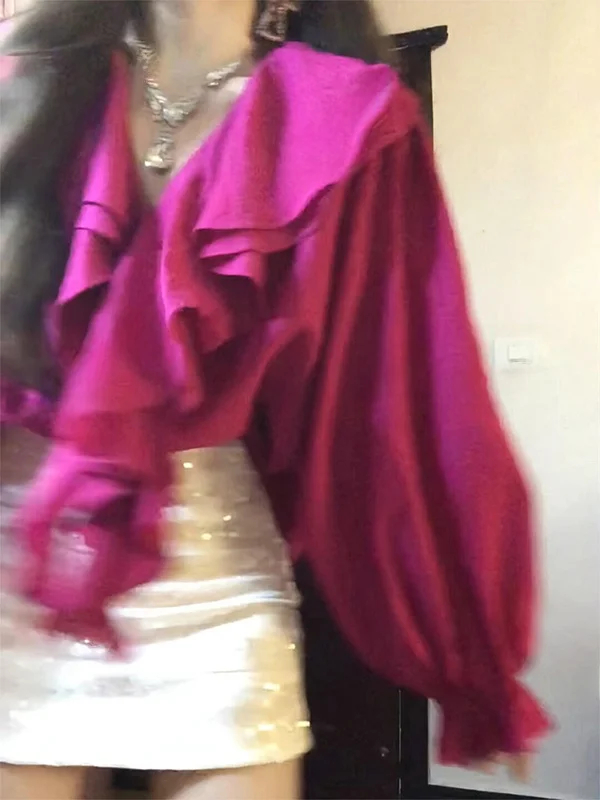 

Романтичная женская блузка с V-образным вырезом, длинным рукавом, свободного кроя, миди-длины, расклешенная, розовая, весенне-осенняя, повседневная, модная, женская кофта